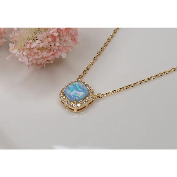 Blue Opal Square 14k Gold Plated Necklace - Picture 1 of 4